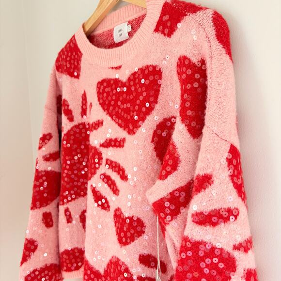 Luna Ivy Sequin Heart Sweater Pink Red Medium Boxy Preppy Y2K Glam Playful - Picture 4 of 10